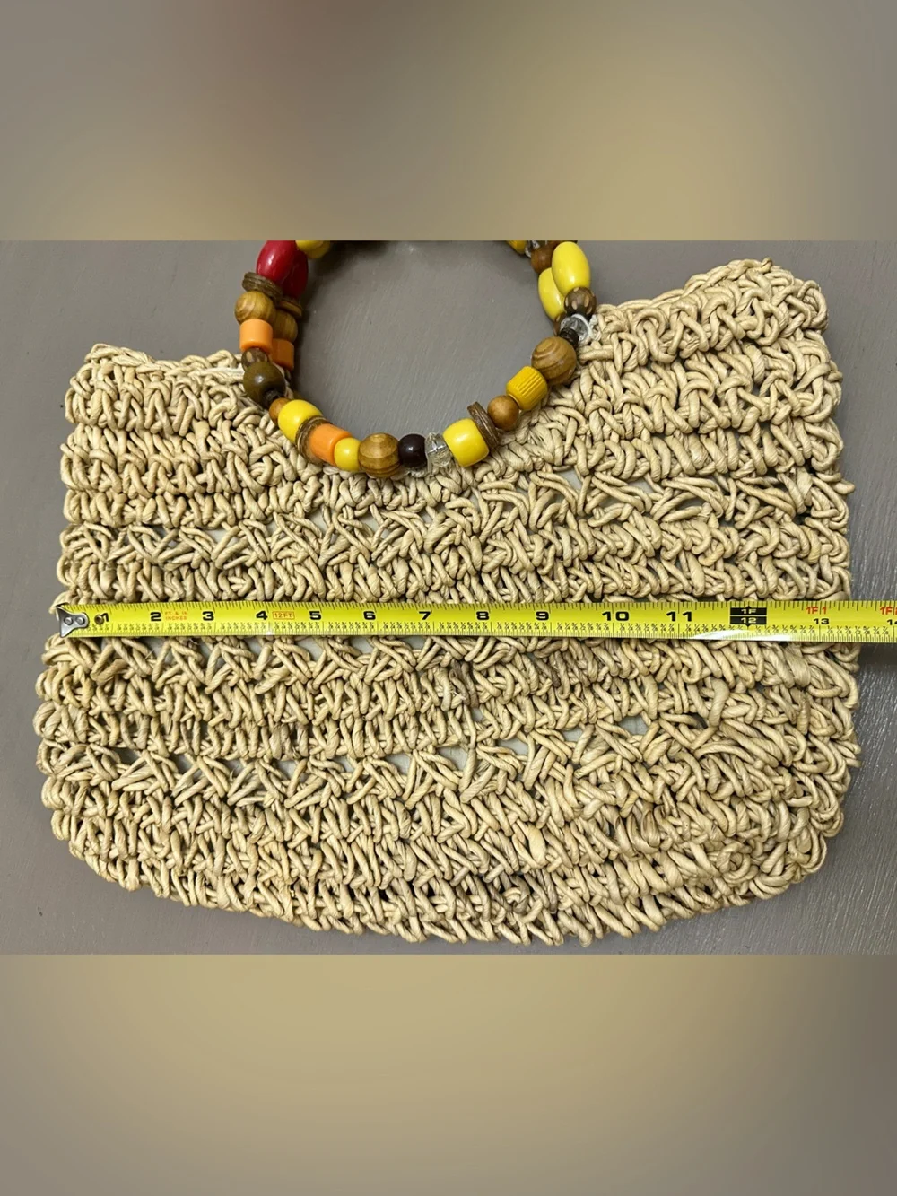 Vintage Straw Woven Tote Bag Beaded Wooden Handles Beach Summer Vacation Purse